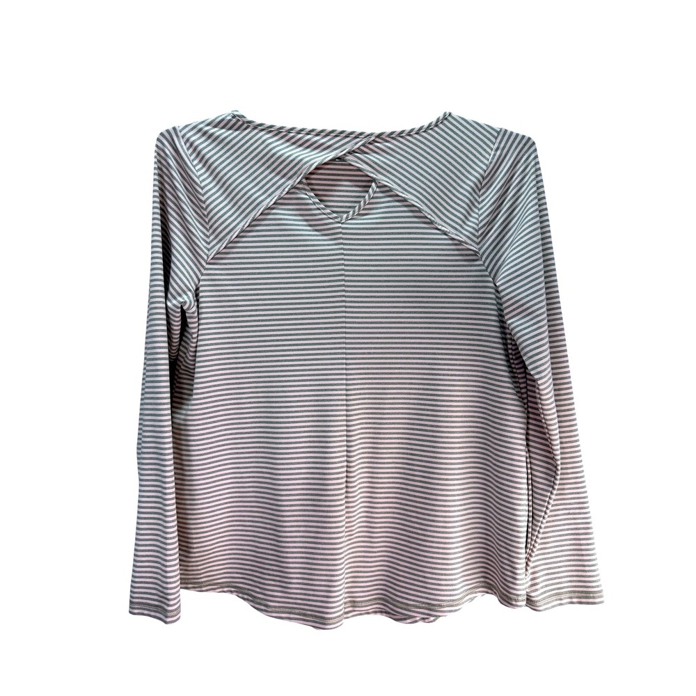 J Jill Fit Striped Keyhole Top Womens M Pink Grey Long Sleeve Activewear Stretch